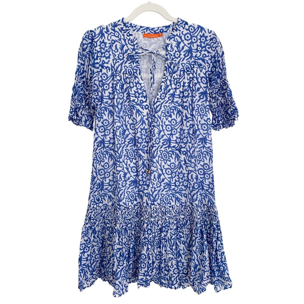 OLIPHANT Tuckernuck Smocked Drop Waist Mini Dress Cypress Blue Print S - Picture 7 of 10